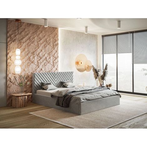 Lit rembourré avec rangement 160x200 velours gris clair Esma (1/4)