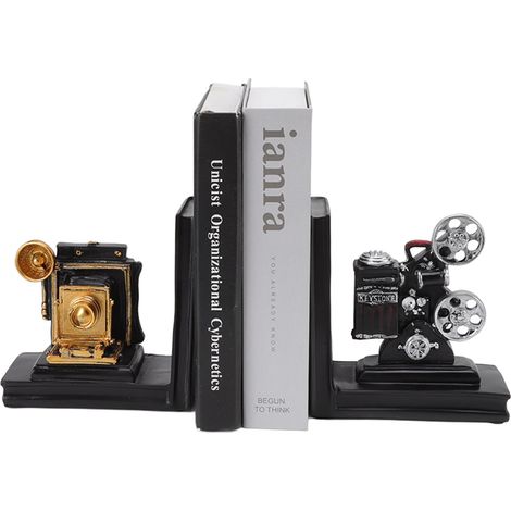 Une paire d'étagères, des serre-livres en résine, un projecteur de cinéma, de la décoration pour un bureau et un espace de travail à domicile (1/5)
