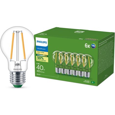Philips LED Ultra Efficient E27 Bombilla Estándar (A60) Transparente 40W No regulable Luz blanca cálida - 6 unidades (1/5)