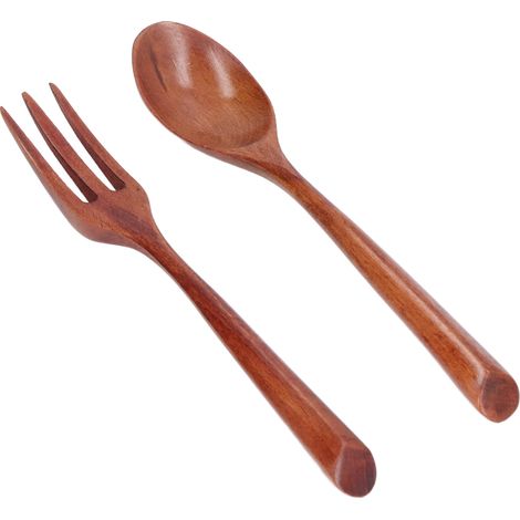 Ensemble de 2 couverts en bois résistant à la chaleur et à haute dureté, idéal pour les enfants (fourchette et cuillère). (1/5)