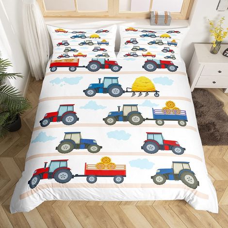 Parure de lit en microfibre douce - Avec housse de couette de 135 x 200 cm et 1 taie d'oreiller de 80 x 80 cm - Motif tracteur et voiture - Pour enfant et bébé, fille, garçon (1/5)