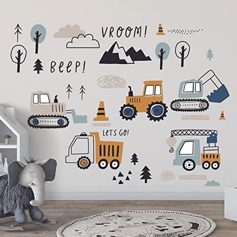 37 Pièces Stickers Muraux Enfants, Decoration Chambre Bebe Garcon, Autocollant Mural Enfant, Déco Chambre Stickers Voiture,tracteur,Grue,Bulldozer, Excavatrice,Camion(Tapez C) (1/5)