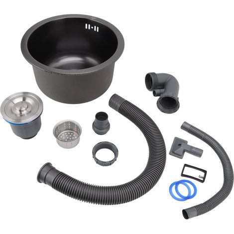 Mini évier rond en acier inoxydable, une cuve avec bonde et accessoires, noir (1/5)