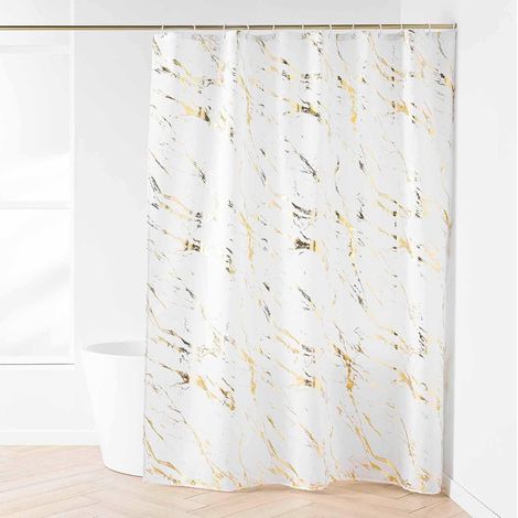 Cortina de ducha con ganchos (180 x 200 cm) Aquamarble Blanco/Oro, Estampado Metálico de Poliéster (1/4)