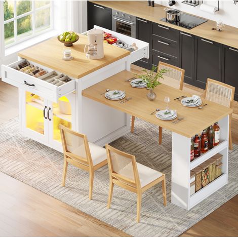 Isola da cucina in MDF bianco 126,0-196,0x59,0x94,0 cm con 2 cassetti, ripiano regolabile e LED RGB (1/5)