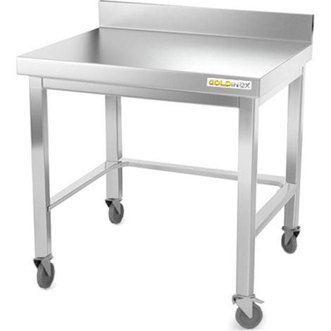 Table de travail en inox soubassement 700 x 700 mm adossée avec renfort sur roulettes PREMIUM - GOLDINOX (1/4)