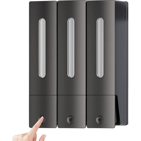 Distributeur Savon Mural sans Percage, 3 X 400 ML 3 en 1 Distributeur de Savon Mural, Distributeur Savon Douche pour Salle de Bain Cuisine Shampooing Gel Douche Savon Liquide Soap Dispenser, Gris (1/5)