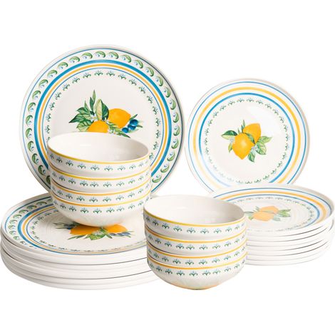 Vajilla de 24 piezas de porcelana acabado esmaltado con motivo de cítricos y limones para 8 personas comedor cocina blanco y verde Tarragon