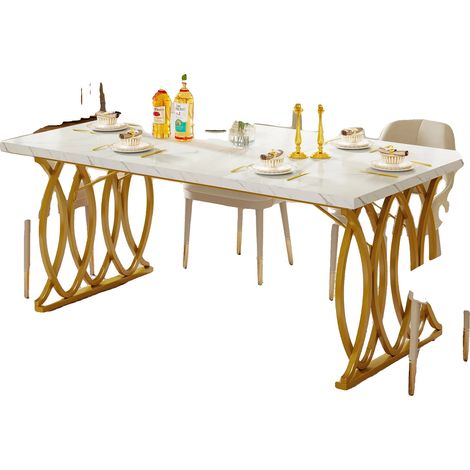 Tavolo da pranzo con piano effetto marmo, design moderno e minimalista, bianco e oro. (1/2)