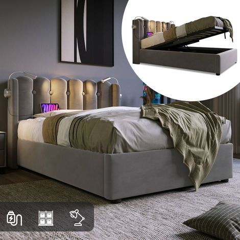 Lit coffre 90x200 cm gris en velours, tête de lit avec lampe de lecture et 2 USB, rangement hydraulique, sommier à lattes en bois massif inclus, sans matelas (1/5)