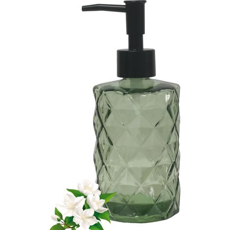 Distributeur de savon en verre vert de 340 ml avec pompe en plastique noir (1/5)