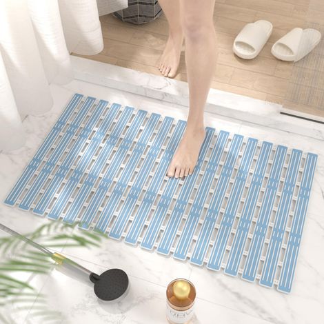 Tappetino doccia antiscivolo, 68 x 40 cm, per vasca da bagno, in TPE, con fori di drenaggio e ventose, accessori da bagno, asciugatura rapida, blu