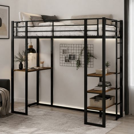 Letto a soppalco con scrivania 200x107x180 cm, scala su entrambi i lati, struttura in ferro nero (1/5)