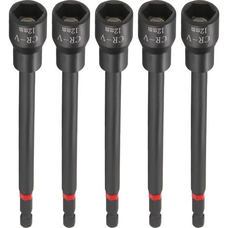 5pcs Magnétique Douille 12mm 1/4" Tige Hexagonale 150mm L Noir (1/5)