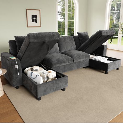 Canapé en U 279/135/84 cm en chenille grise avec rangement, USB et port Type-C (1/5)