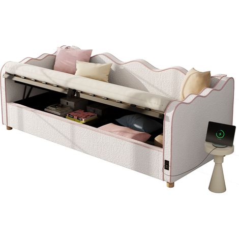 DESMIU Lit coffre 90 × 200 cm 1 place avec rangement hydraulique, USB, Type-C et sans matelas, beige (1/5)