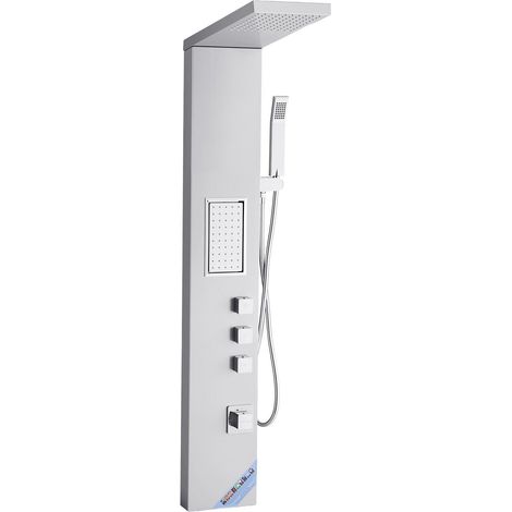 Colonne de douche en acier inoxydable brossé 135 cm avec pommeau pluie et robinet 3 fonctions, massage haute pression et douchette. (1/5)