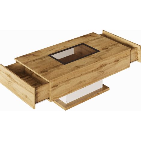 Table basse avec LED couleur changeante, deux tiroirs, plateau en verre, finition bois chêne et blanc (1/5)