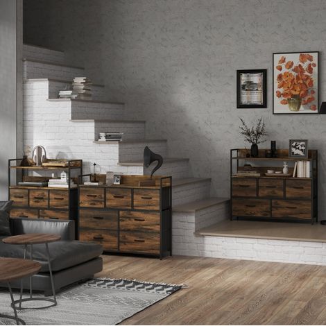 Commode 98x29x85 cm marron en polyester avec 7 tiroirs pliables et cadre en acier (1/5)