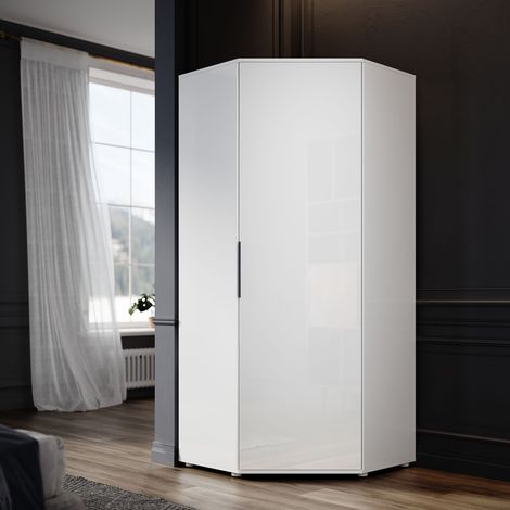 ELEGANT Corner Wardrobe Modern White High Gloss furniture with 2 Hanging Rails and 4 Storage Shelves, Bedroom Closet Storage, Space Saving Design (1/5)