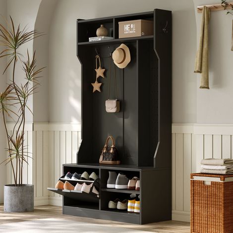 Ensemble armoire, ensemble complet armoire d'entrée avec banc, 6 crochets, 1 porte et 4 compartiments de rangement ouverts - Noir, 100×185,5×40 cm (L×H×P) (1/5)
