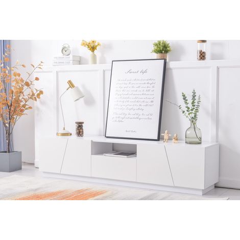 Meuble TV 170 cm blanc mat, 4 portes design géométrique diagonal, 2 niches ouvertes, sans poignées, rangement salon (1/5)