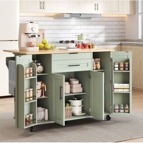 Desserte de cuisine roulant avec plateau rabattable, rangements, MDF vert antique, 136x45/70x92 cm (1/5)