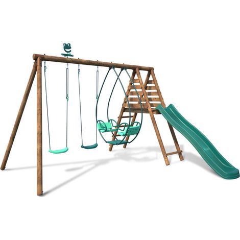 Portique en bois rond 3 agrès avec face à face et toboggan NARCISSE