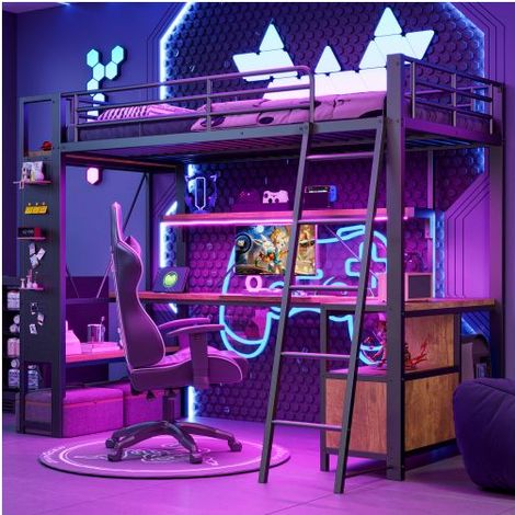 Lit mezzanine - SOGEU - Lit mezzanine bureau panneau perforé - 90x200 cm - Structure métal noir - LED via App & Port USB (1/5)