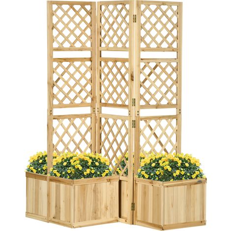 Biombo de jardín 133x62x165 cm de madera natural con 4 jardineras - MEUBLIV (1/5)