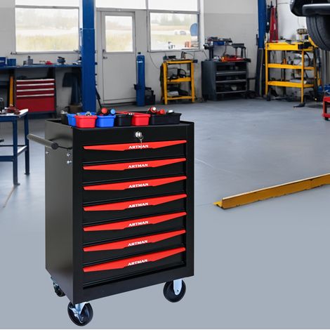 Carro de herramientas (60x33x77.5 cm), 7 cajones, cerradura, ruedas giratorias, acero, negro y rojo (1/5)
