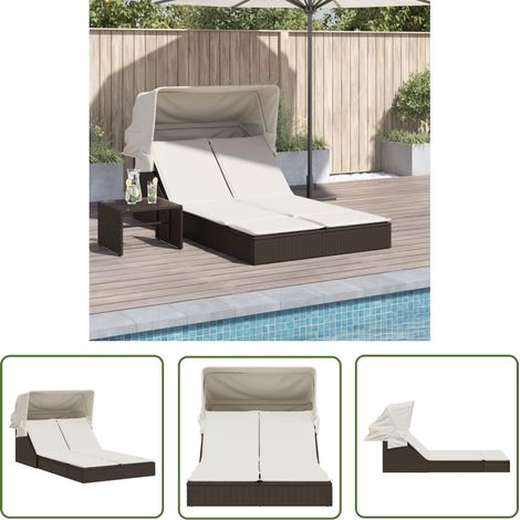 The Living Store Doppel-Sonnenliege mit Dach und Auflagen Braun Poly Rattan - Doppel Liege - Sonnenliege - Gartenliege - Outdoor Liege - Pool Liege (1/5)