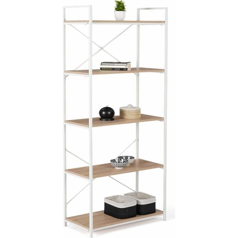 Idmarket – Etagère 5 niveaux en bois et métal blanc 170 cm – Style industriel – Largeur 30 cm – Longueur 60 cm – Tablettes maxi capacité