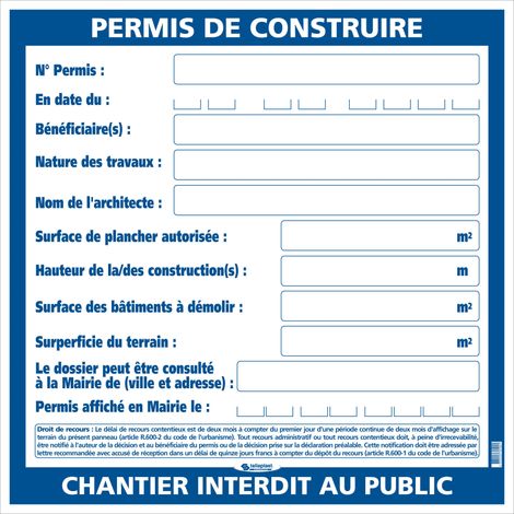 Taliaplast – Panneau de signalisation Permis de construire 800 x 800 mm – Polypropylène alvéolaire 400 g/m² – Usage extérieur – 570102
