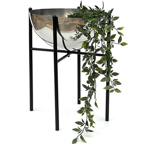 DanDiBo Blumenhocker Metall mit Topf Schwarz Silber 45 cm Blumenständer 96257 L Blumensäule Modern Pflanzenständer Pflanzenhocker