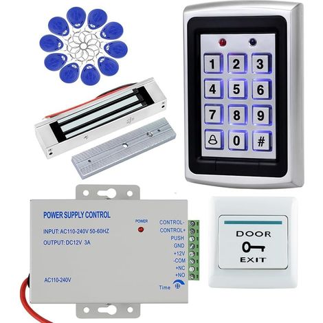 Kit de contrôle d'accès RFID, clavier en alliage de zinc avec serrure magnétique de 180 kg, bloc d'alimentation 12 V 3 A, bouton de sortie et 10 porte-clés, résistant aux intempéries pour la sécurité (1/5)