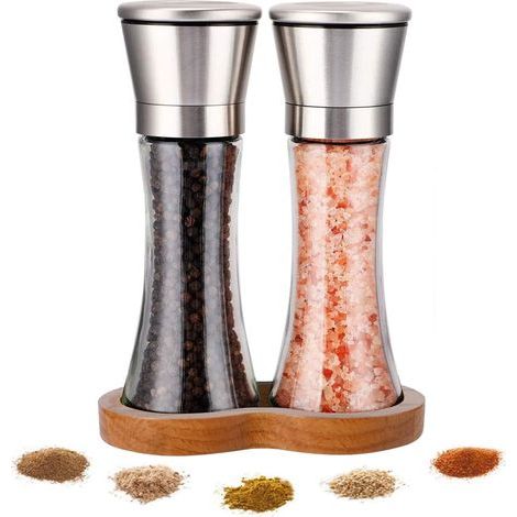 Gewürzmühle mit Tablett, Pfeffermühle mit einstellbarem Mahlgrad – Salz- und Pfeffermühle aus Edelstahl, 2-teiliges Set, für Gewürze, Pfeffer, Salz und Chili (1/5)