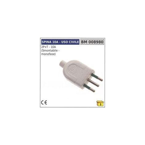Clavija civil 2 polos + tierra - 10A desmontable - monofásica código 008980