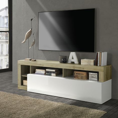 Meuble TV moderne laqué blanc et chêne naturel GAMA (1/5)