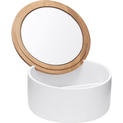 Libra Boîte avec miroir cosmétique en céramique et bois de bambou, Blanc (LIB56)