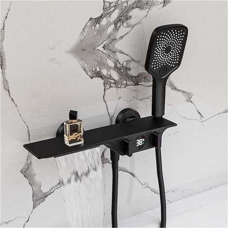 Ensemble de douche mitigeur thermostatique intelli Robinet de douche de salle de bain noir mat cascade, ensemble de robinets de douche numérique noir, pommeau de douche pluie mitigeur à affichage numé (1/4)