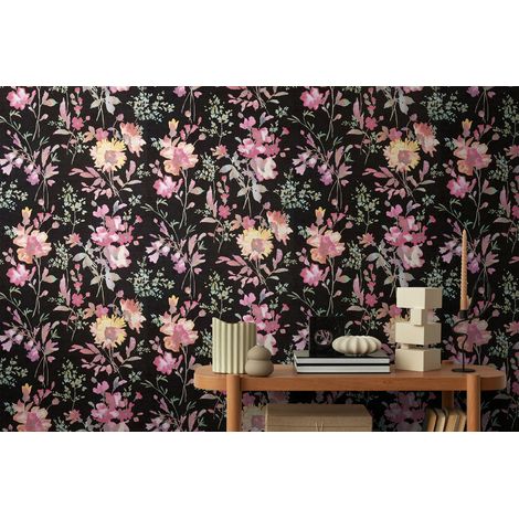 Papier peint intissé fleuri, moderne, aux tons multicolores rose et noir - 10,05 x 0,53 m - collection Cosmopolitan (1/5)