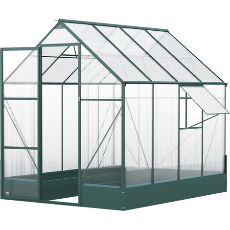 6x8 FT Polycarbonate Greenhouse with Base Raised Bed, Walk-in Greenhouse with Aluminium Frame, Temperature Controlled Window, Foundation for Plants, Flowers, Vegetable (1/5)