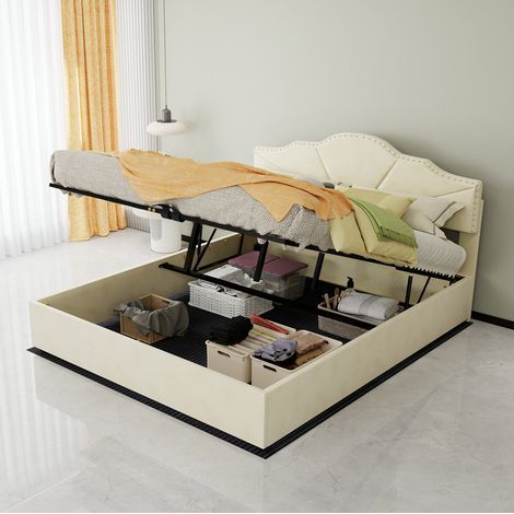 Cama tapizada de tela beige 160x200 cm con cabecero geométrico y somier de láminas (1/5)