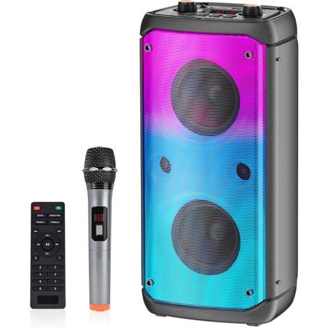 Enceinte Bluetooth, 80 W Pic sans fil TWS Haut-parleurs portables en plein air avec caisson de basses, lumières LED colorées, Boombox fort son stéréo avec microphone pour la maison, le camping (1/5)