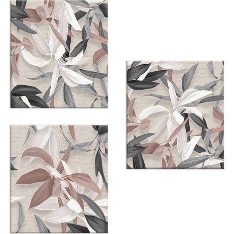 Lupia - Set 3 Quadri su Tela CANVAS DAY LEAVES MIX 38x38 cm foglie scala di grigi, Stampa Vivida, Pronto da Appendere, Decorazione per Soggiorno, Capezzale Testiera Camera da Letto, Cucina, Ufficio (1/4)
