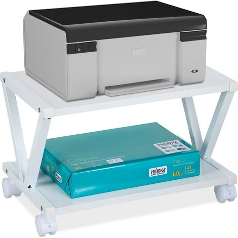 Relaxdays Printer Stand for Desk, 2 Levels, Wheels, Office Shelf, Spare Paper, Storage, HxWxD: 28 x 44 x 28.5 cm, White (1/5)
