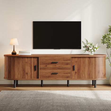 Mobile TV 160x40x55 cm, con porte scorrevoli, 2 cassetti, vani aperti, legno MDF e PB, noce (1/5)