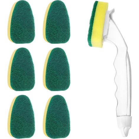 Brosse à vaisselle robuste, 1 brosse avec 7 têtes de rechange, éponge à vaisselle avec manche, éponge à récurer pour la cuisine, l'évier et la salle de bain, brosse de nettoyage remplaçable (1/5)