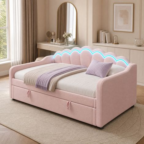 DESMIU Lit banquette 90 × 200 cm 1 place avec coffre hydraulique, LED, sans matelas, en velours, rose (1/5)